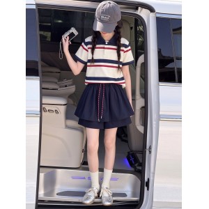 OT女童学院风撞色条纹裙