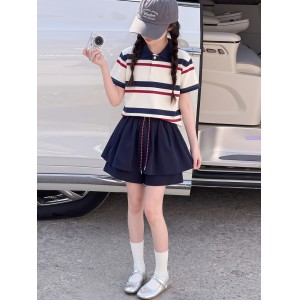 OT女童学院风撞色条纹裙