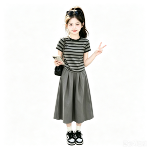 OT女童条纹T恤搭配半身裙