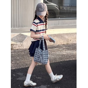 OT女童学院风撞色条纹裙