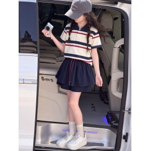 OT女童学院风撞色条纹裙