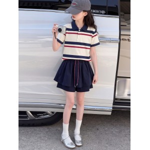 OT女童学院风撞色条纹裙