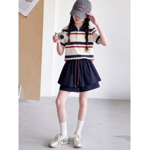 OT女童学院风撞色条纹裙