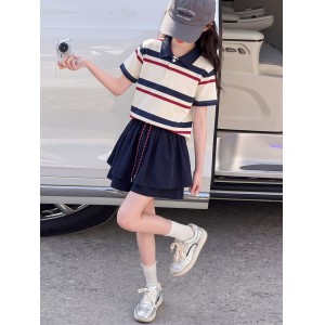 OT女童学院风撞色条纹裙