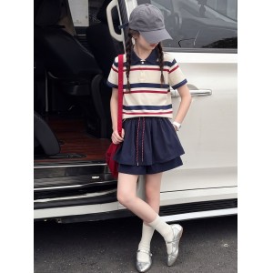 OT女童学院风撞色条纹裙