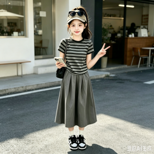 OT女童条纹T恤搭配半身裙