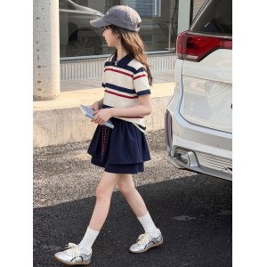 OT女童学院风撞色条纹裙